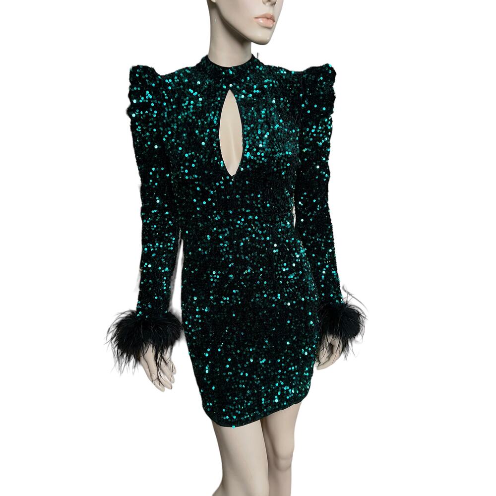 Shop17 Green Bodycon Mini Dress Sz S Feather Trim on Sleeves Zipper Back Closure